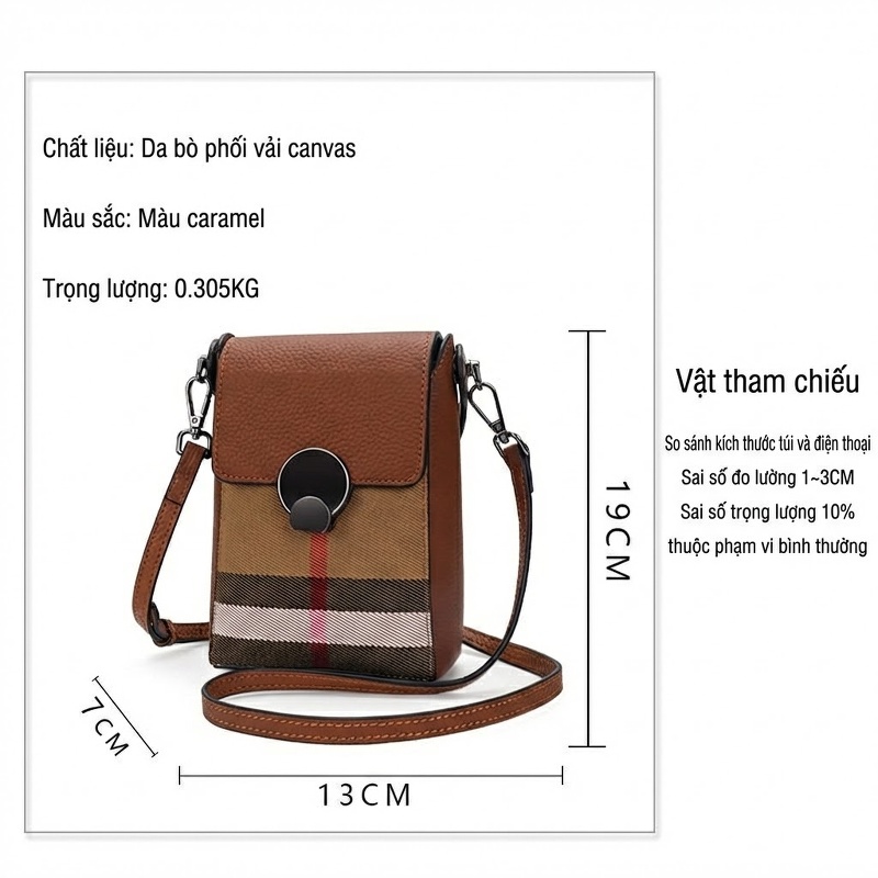 Túi Đeo Chéo Mini Nữ Da Bò Phối Vải Bố Họa Tiết Kẻ Màu Caramel