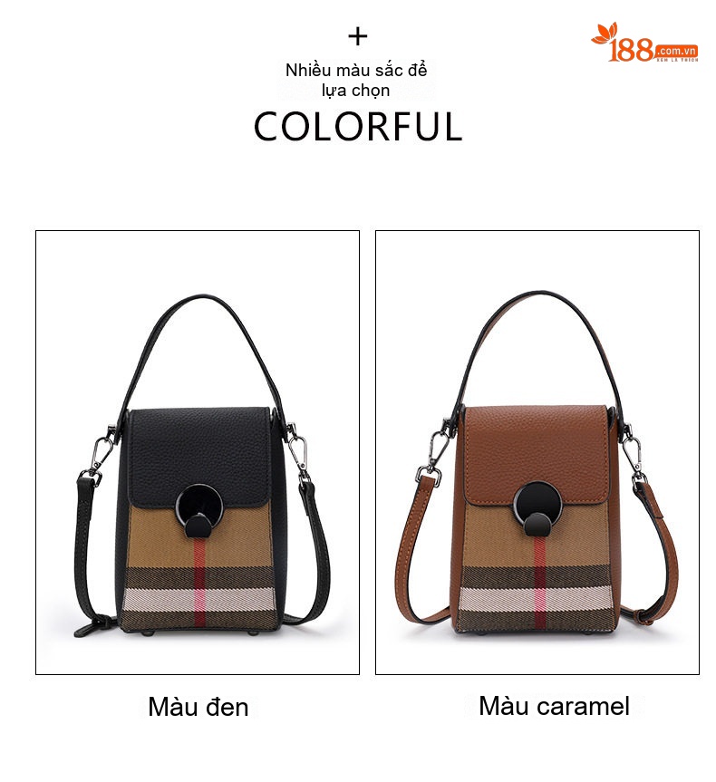 Túi Đeo Chéo Mini Nữ Da Bò Phối Vải Bố Họa Tiết Kẻ Màu Caramel chi tiết 6