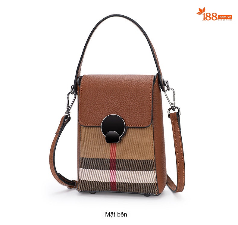 Túi Đeo Chéo Mini Nữ Da Bò Phối Vải Bố Họa Tiết Kẻ Màu Caramel chi tiết 11
