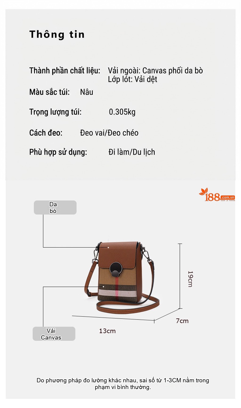 Túi Đeo Chéo Mini Nữ Da Bò Phối Vải Bố Họa Tiết Kẻ Màu Caramel chi tiết 5