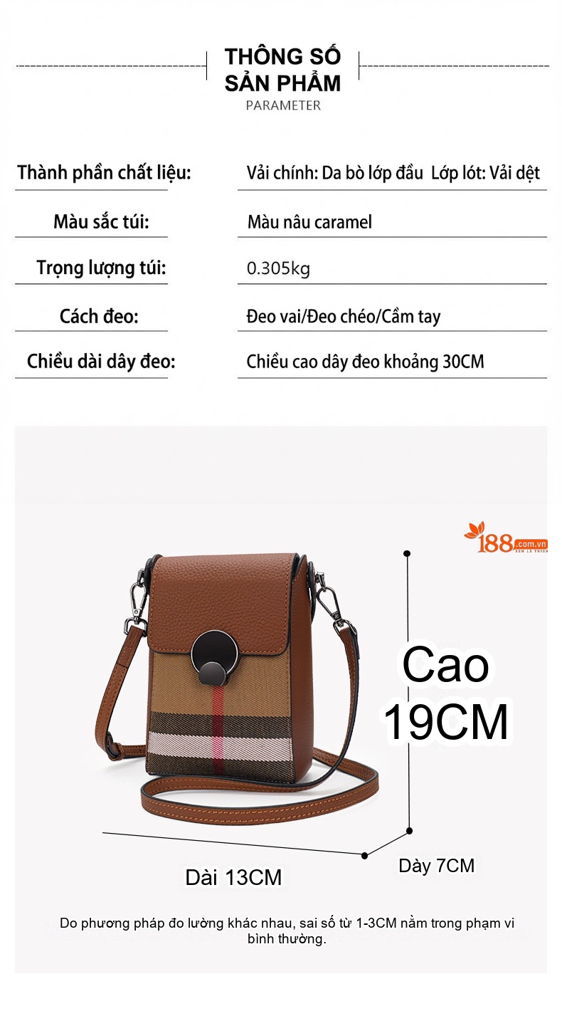 Túi Đeo Chéo Mini Nữ Da Bò Phối Vải Bố Họa Tiết Kẻ Màu Caramel chi tiết 18