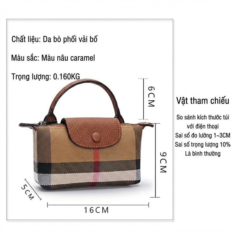 Túi Đeo Chéo Mini Nữ Da Bò Phối Vải Bố Họa Tiết Kẻ Sọc Màu Nâu Caramel