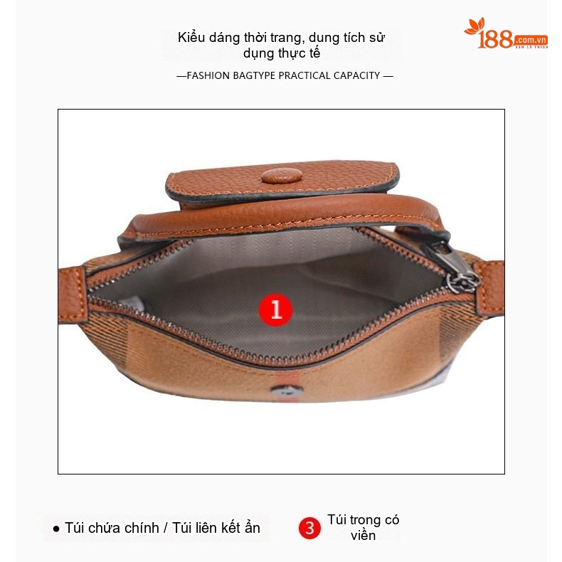 Túi Đeo Chéo Mini Nữ Da Bò Phối Vải Bố Họa Tiết Kẻ Sọc Màu Nâu Caramel
