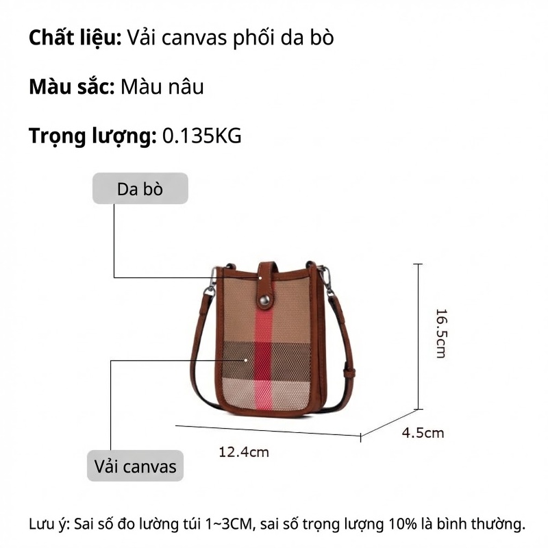 Túi Đeo Chéo Mini Vải Canvas Phối Da Bò Phong Cách Thời Trang Màu Nâu, Đỏ