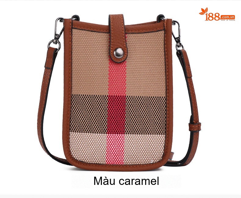 Túi Đeo Chéo Mini Vải Canvas Phối Da Bò Phong Cách Thời Trang Màu Nâu, Đỏ chi tiết 6