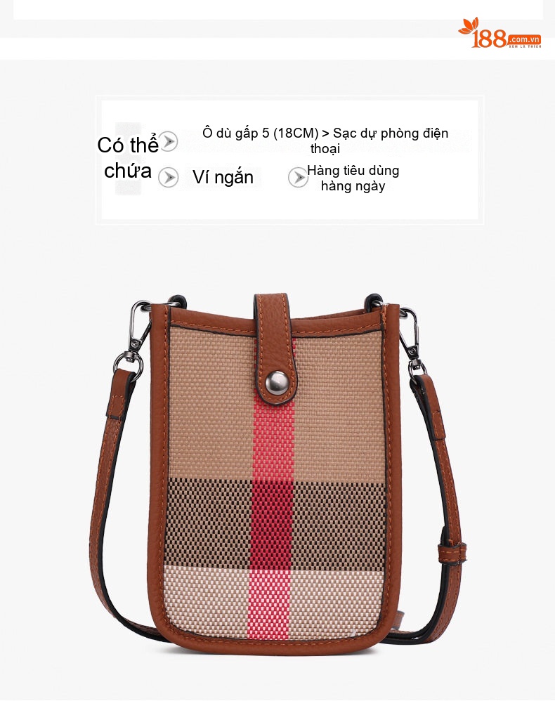 Túi Đeo Chéo Mini Vải Canvas Phối Da Bò Phong Cách Thời Trang Màu Nâu, Đỏ chi tiết 8