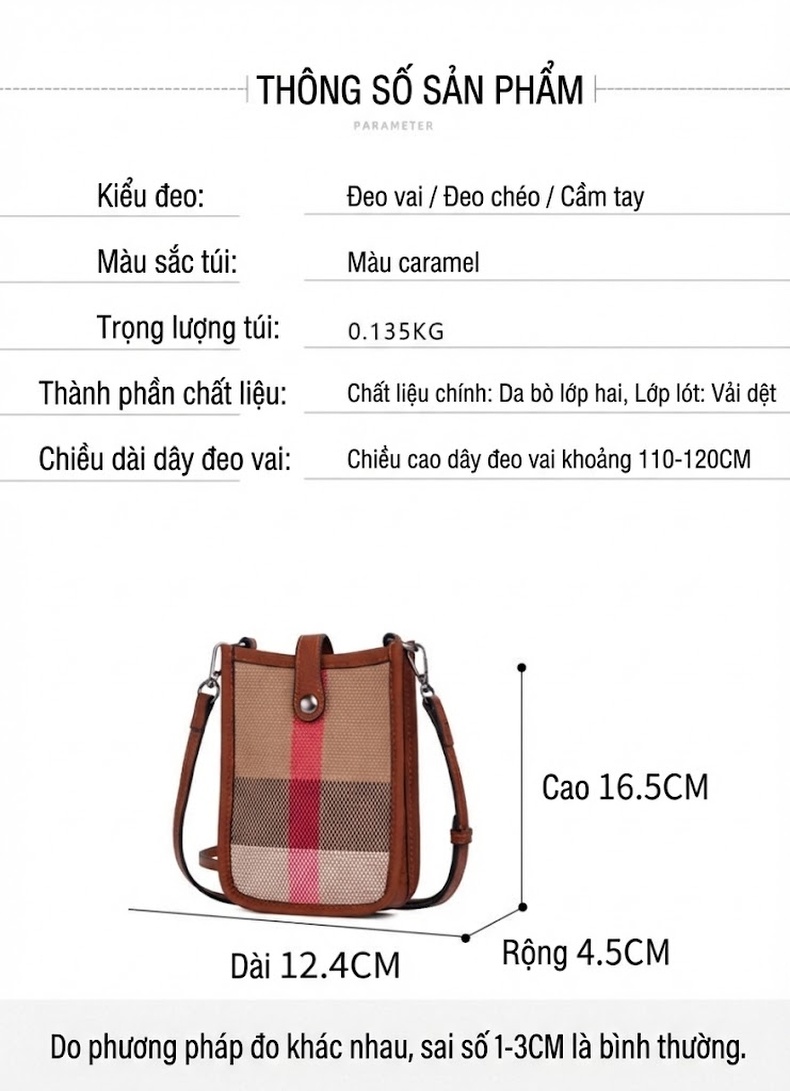 Túi Đeo Chéo Mini Vải Canvas Phối Da Bò Phong Cách Thời Trang Màu Nâu, Đỏ chi tiết 20