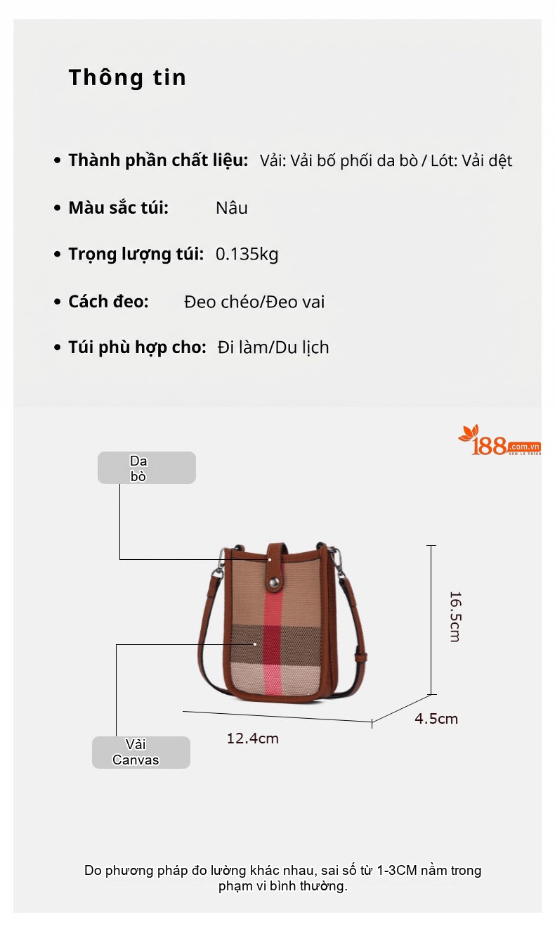 Túi Đeo Chéo Mini Vải Canvas Phối Da Bò Phong Cách Thời Trang Màu Nâu, Đỏ chi tiết 5