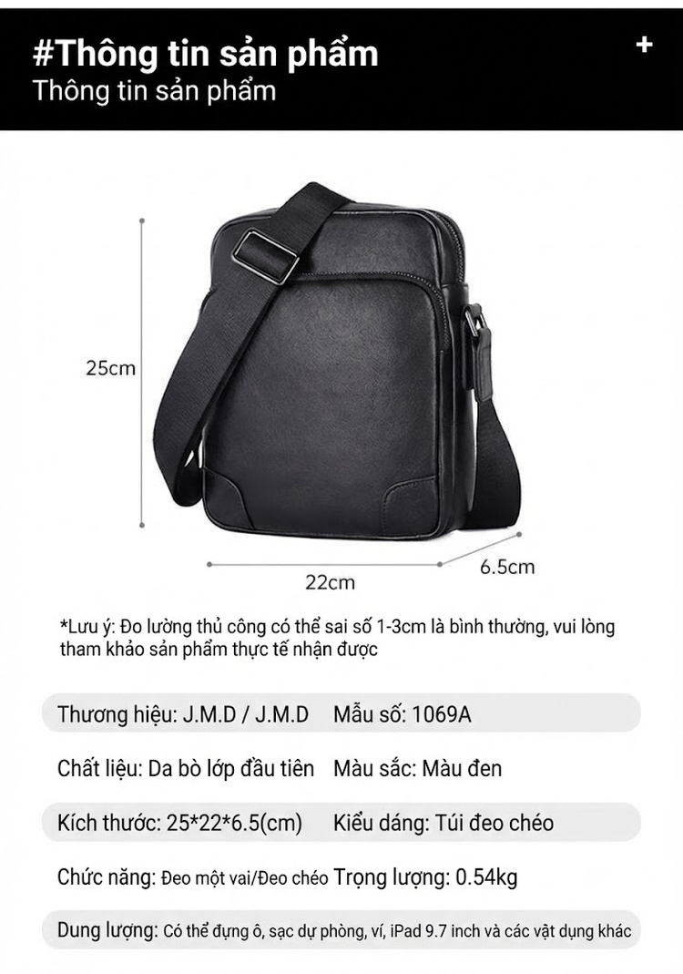 Túi Đeo Chéo Nam Da Bò Cao Cấp, Túi Đựng Ipad, Túi Messenger Da Thật, Túi Du Lịch Màu Đen chi tiết 11