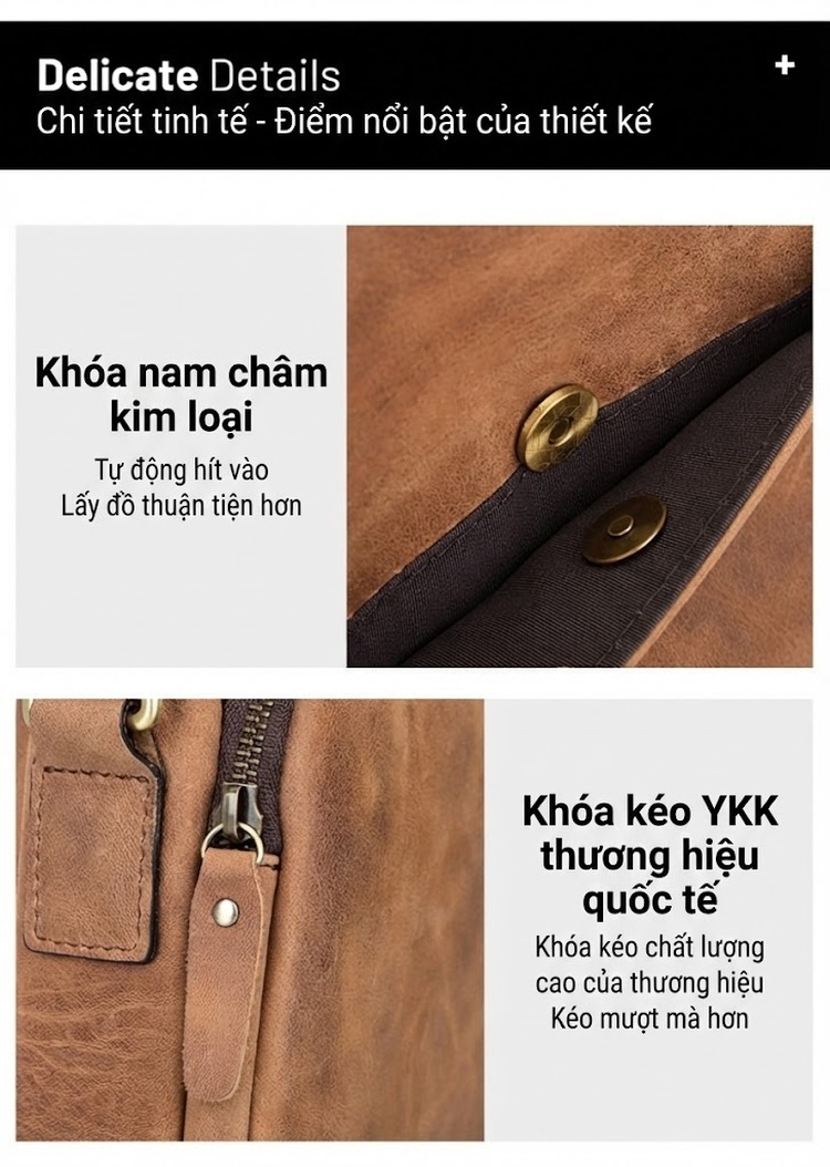 Túi Đeo Chéo Nam Da Bò Cao Cấp, Túi Đựng Ipad, Túi Messenger Da Thật, Túi Du Lịch Màu Đen chi tiết 13