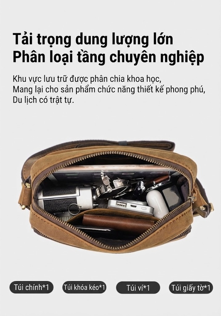 Túi Đeo Chéo Nam Da Bò Cao Cấp, Túi Đựng Ipad, Túi Messenger Da Thật, Túi Du Lịch Màu Đen chi tiết 17
