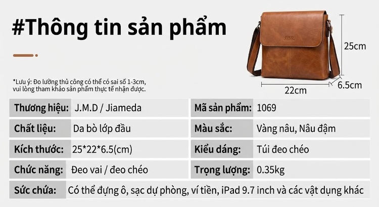 Túi Đeo Chéo Nam Da Bò Cao Cấp, Túi Đựng Ipad, Túi Messenger Da Thật, Túi Du Lịch Màu Đen chi tiết 19