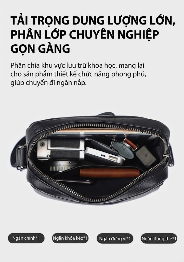Túi Đeo Chéo Nam Da Bò Cao Cấp, Túi Đựng Ipad, Túi Messenger Da Thật, Túi Du Lịch Màu Đen chi tiết 9