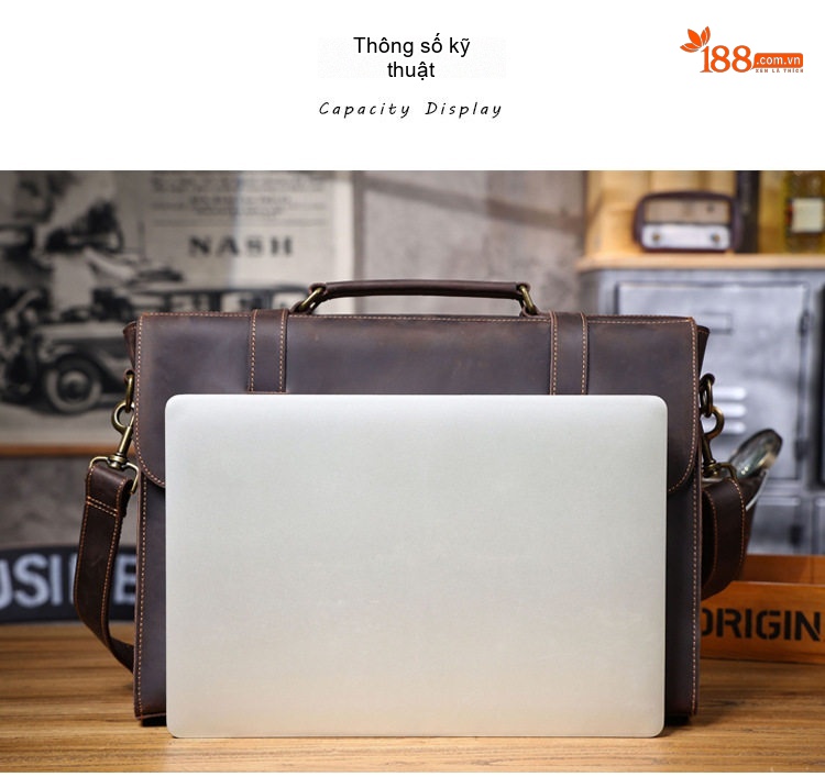 Túi Đeo Chéo Nam Da Bò Cặp Công Sở Đựng Laptop Vintage Màu Nâu chi tiết 11