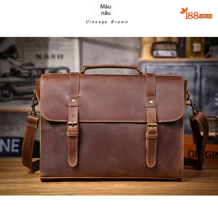 Túi Đeo Chéo Nam Da Bò Cặp Công Sở Đựng Laptop Vintage Màu Nâu chi tiết 22