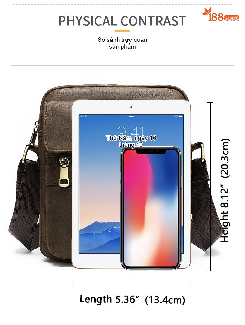 Túi Đeo Chéo Nam Da Bò Có Khóa Kéo, Túi Đựng Ipad Công Sở Màu Nâu chi tiết 14