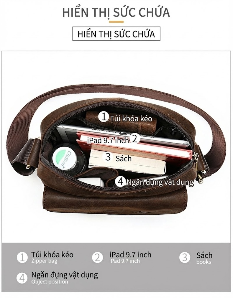Túi Đeo Chéo Nam Da Bò Có Khóa Kéo, Túi Đựng Ipad Công Sở Màu Nâu chi tiết 4