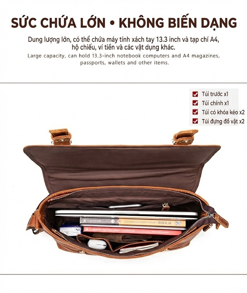 Túi Đeo Chéo Nam Da Bò Crazy Horse Phong Cách Âu Mỹ Màu Nâu chi tiết 4