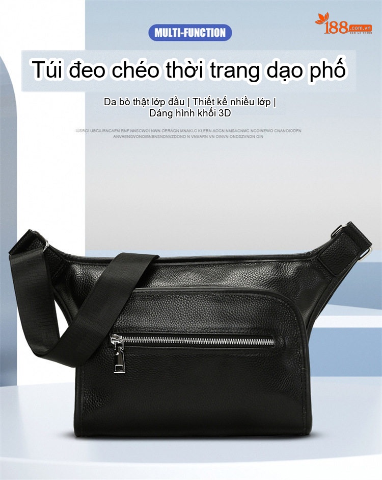 Túi Đeo Chéo Nam Da Bò Đa Năng Dung Tích Lớn Màu Đen chi tiết 2