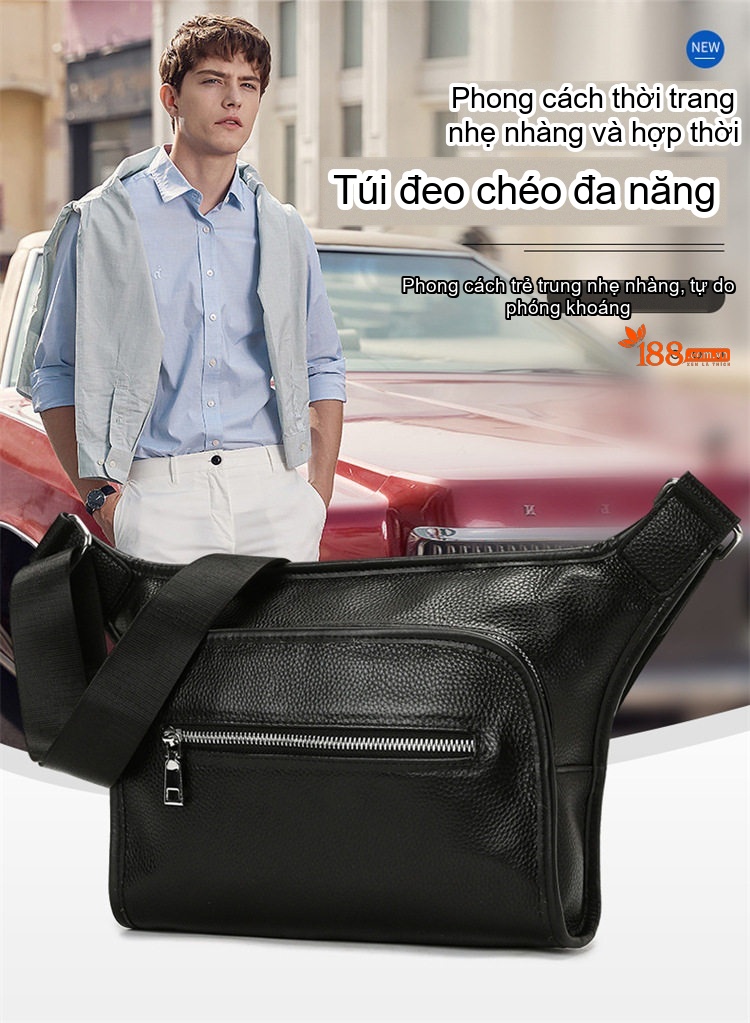Túi Đeo Chéo Nam Da Bò Đa Năng Dung Tích Lớn Màu Đen chi tiết 3