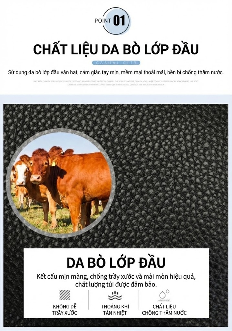 Túi Đeo Chéo Nam Da Bò Đa Năng Dung Tích Lớn Màu Đen chi tiết 5