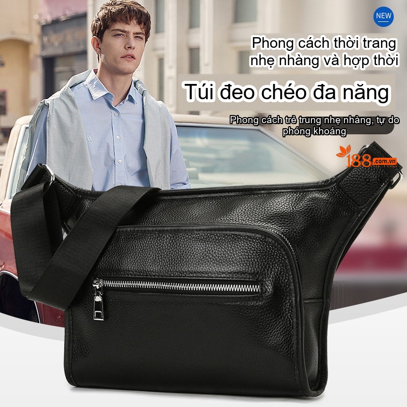 Túi Đeo Chéo Nam Da Bò Đa Năng Dung Tích Lớn Màu Đen