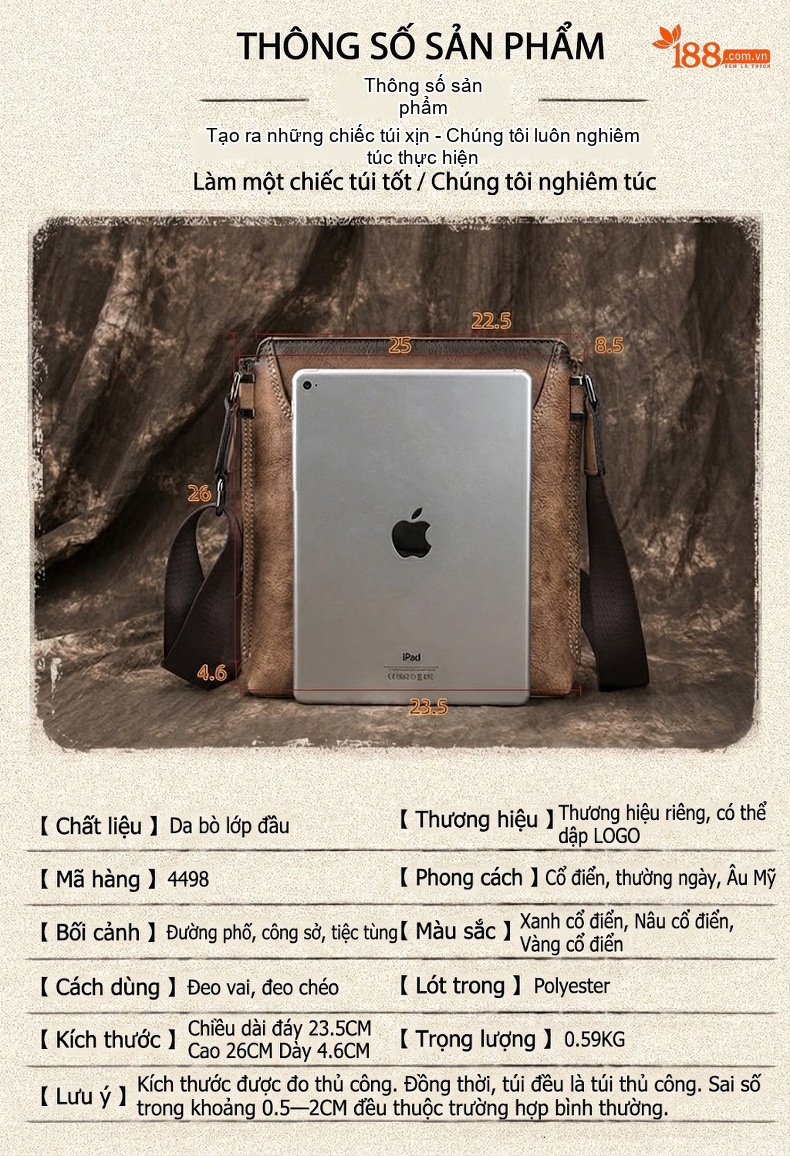Túi Đeo Chéo Nam Da Bò Dáng Đứng Phong Cách Retro Màu Nâu, Xanh Đen chi tiết 4