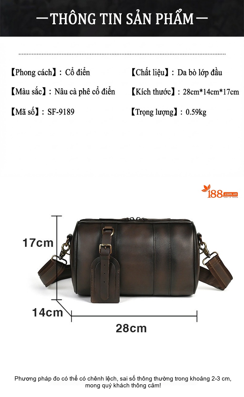 Túi Đeo Chéo Nam Da Bò Dáng Trống Retro Cỡ Lớn Màu Nâu chi tiết 3