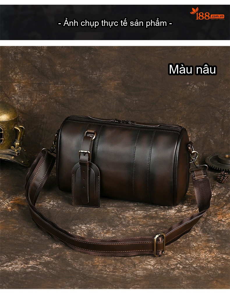 Túi Đeo Chéo Nam Da Bò Dáng Trống Retro Cỡ Lớn Màu Nâu chi tiết 4