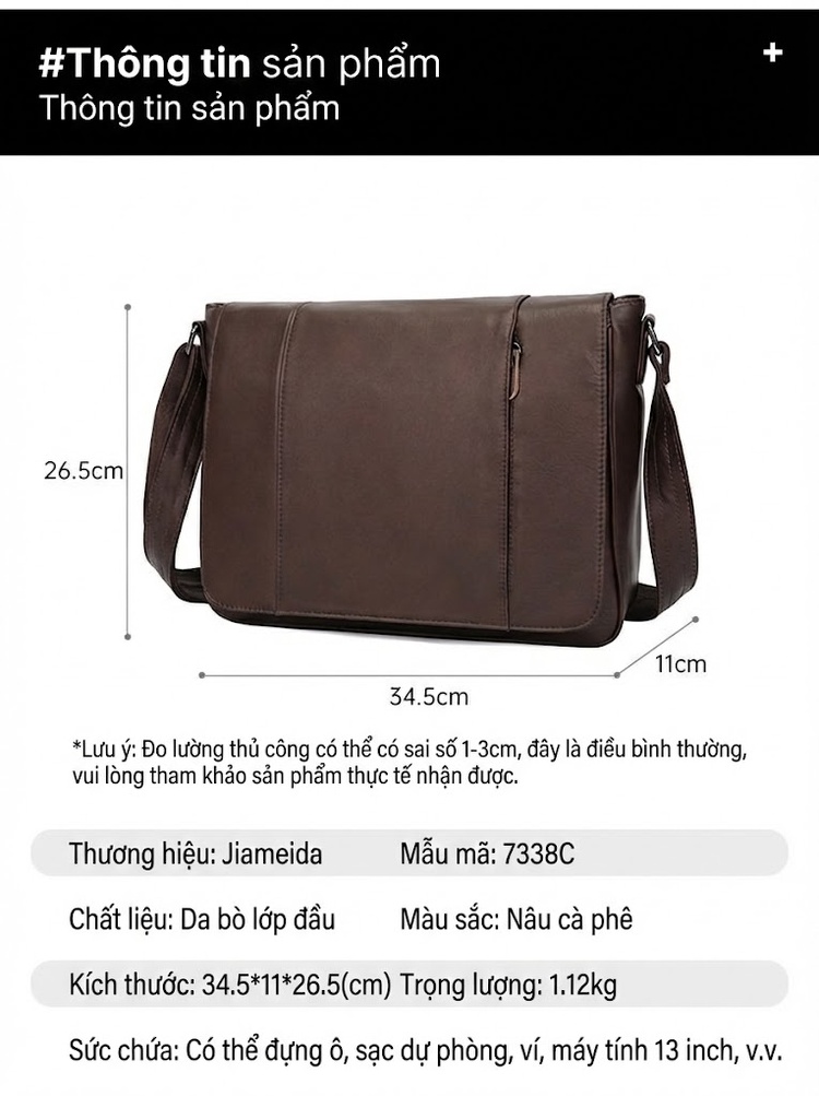 Túi Đeo Chéo Nam Da Bò Dầu Sáp Vintage Công Sở Màu Nâu chi tiết 8