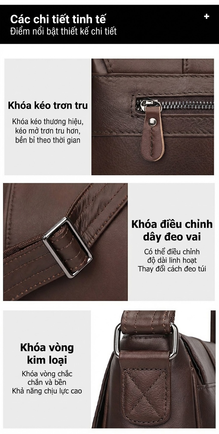Túi Đeo Chéo Nam Da Bò Dầu Sáp Vintage Công Sở Màu Nâu chi tiết 3