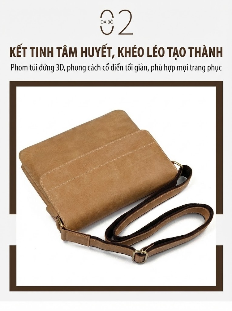 Túi Đeo Chéo Nam Da Bò Đeo Vai Phong Cách Retro Âu Mỹ Màu Nâu chi tiết 7