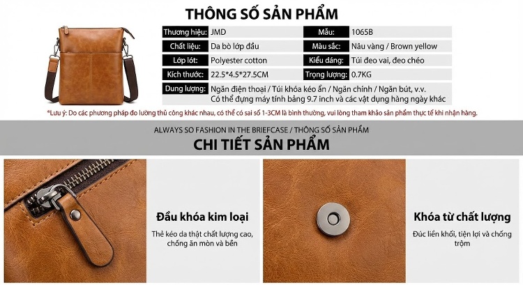 Túi Đeo Chéo Nam Da Bò Đeo Vai Phong Cách Retro Âu Mỹ Màu Nâu chi tiết 2