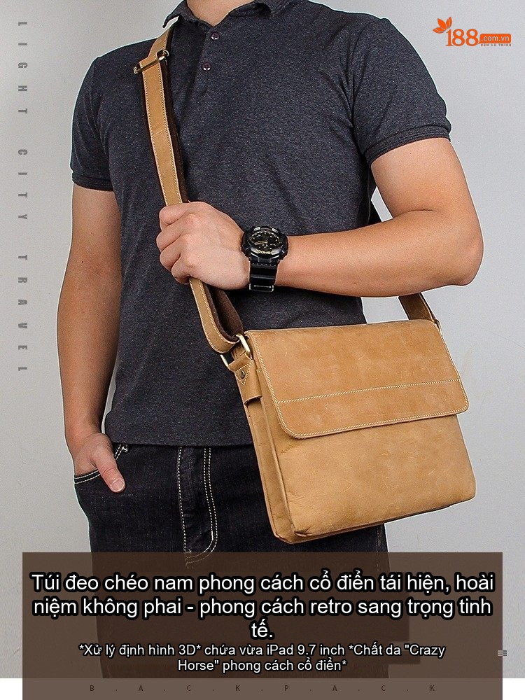 Túi Đeo Chéo Nam Da Bò Đeo Vai Phong Cách Retro Âu Mỹ Màu Nâu chi tiết 3