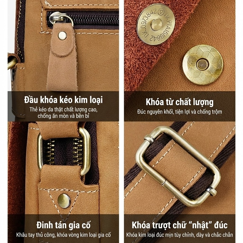 Túi Đeo Chéo Nam Da Bò Đeo Vai Phong Cách Retro Âu Mỹ Màu Nâu