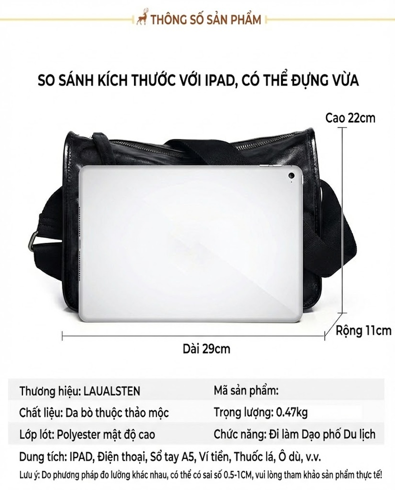 Túi Đeo Chéo Nam Da Bò Đựng Ipad Phong Cách Doanh Nhân Màu Đen chi tiết 14