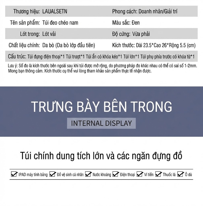 Túi Đeo Chéo Nam Da Bò Đựng Vừa Ipad Phong Cách Doanh Nhân Màu Đen chi tiết 22