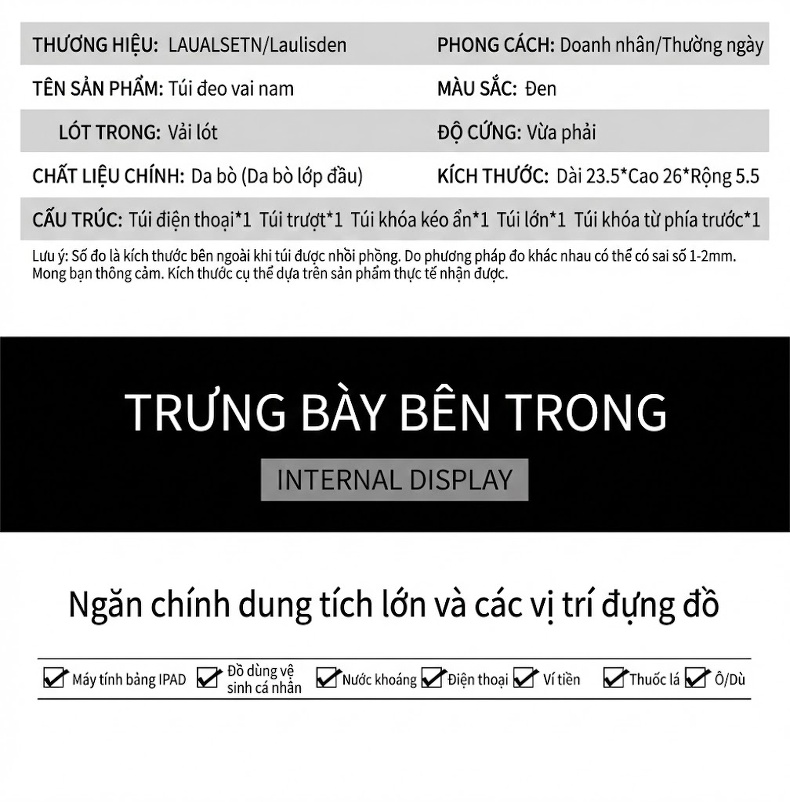 Túi Đeo Chéo Nam Da Bò Đựng Vừa Ipad Phong Cách Doanh Nhân Màu Đen chi tiết 8