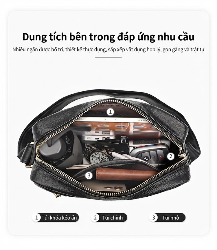 Túi Đeo Chéo Nam Da Bò Form Vuông Đựng Ipad 11 Inch Màu Đen chi tiết 5