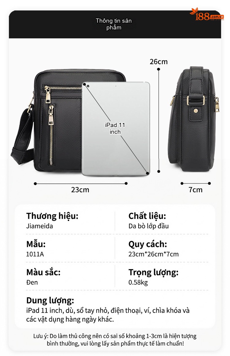 Túi Đeo Chéo Nam Da Bò Form Vuông Đựng Ipad 11 Inch Màu Đen chi tiết 7