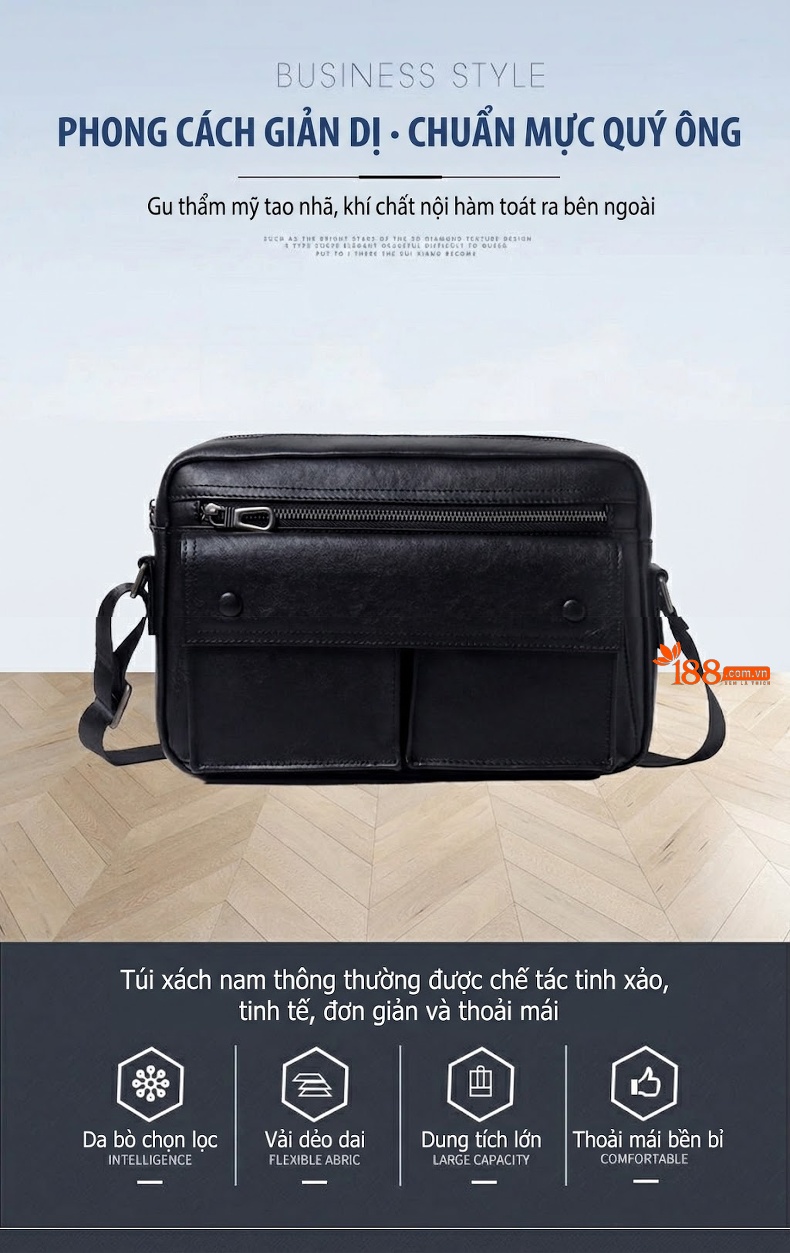 Túi Đeo Chéo Nam Da Bò Kiểu Dáng Messenger Phong Cách Hàn Quốc Màu Đen chi tiết 1