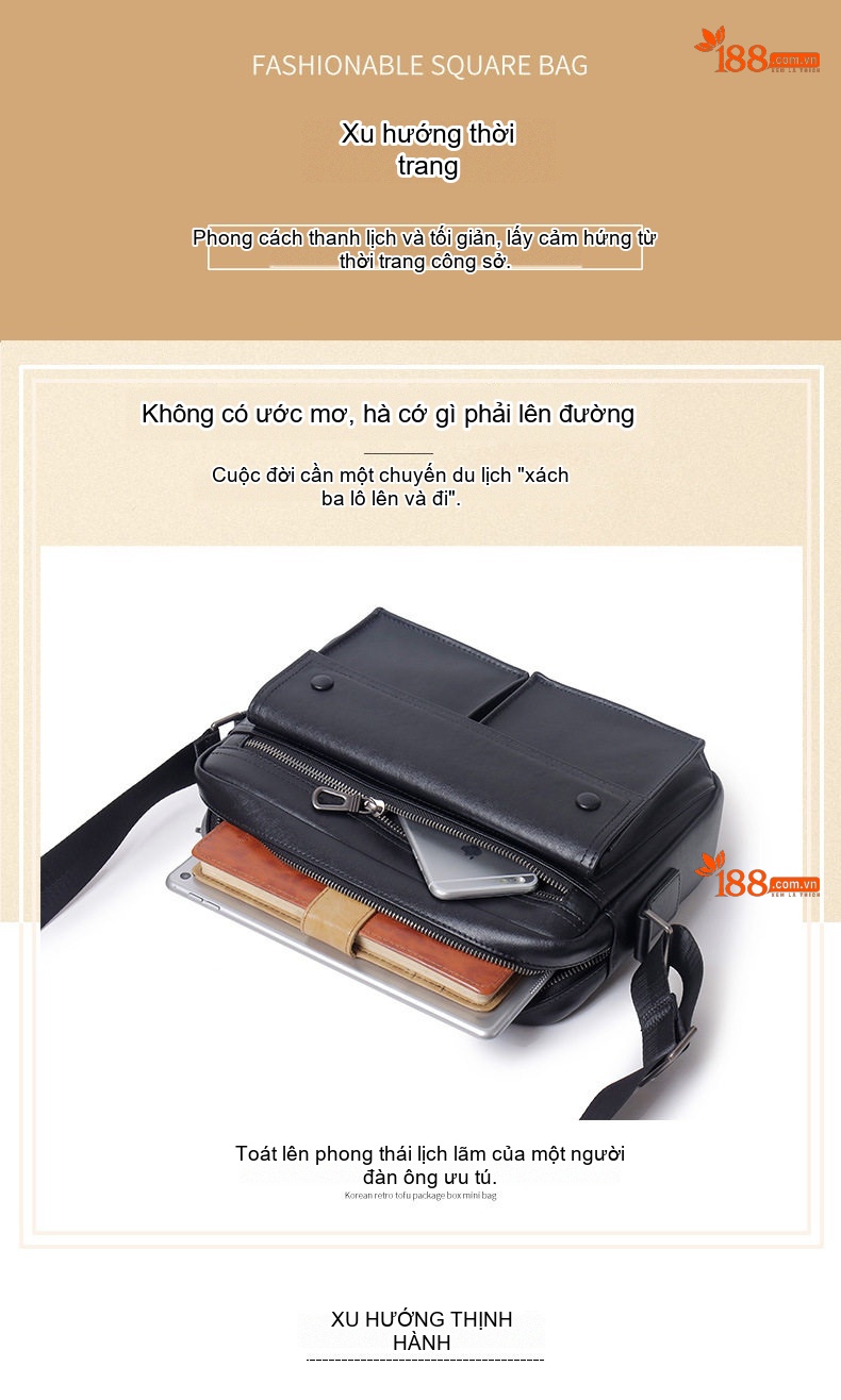 Túi Đeo Chéo Nam Da Bò Kiểu Dáng Messenger Phong Cách Hàn Quốc Màu Đen chi tiết 3