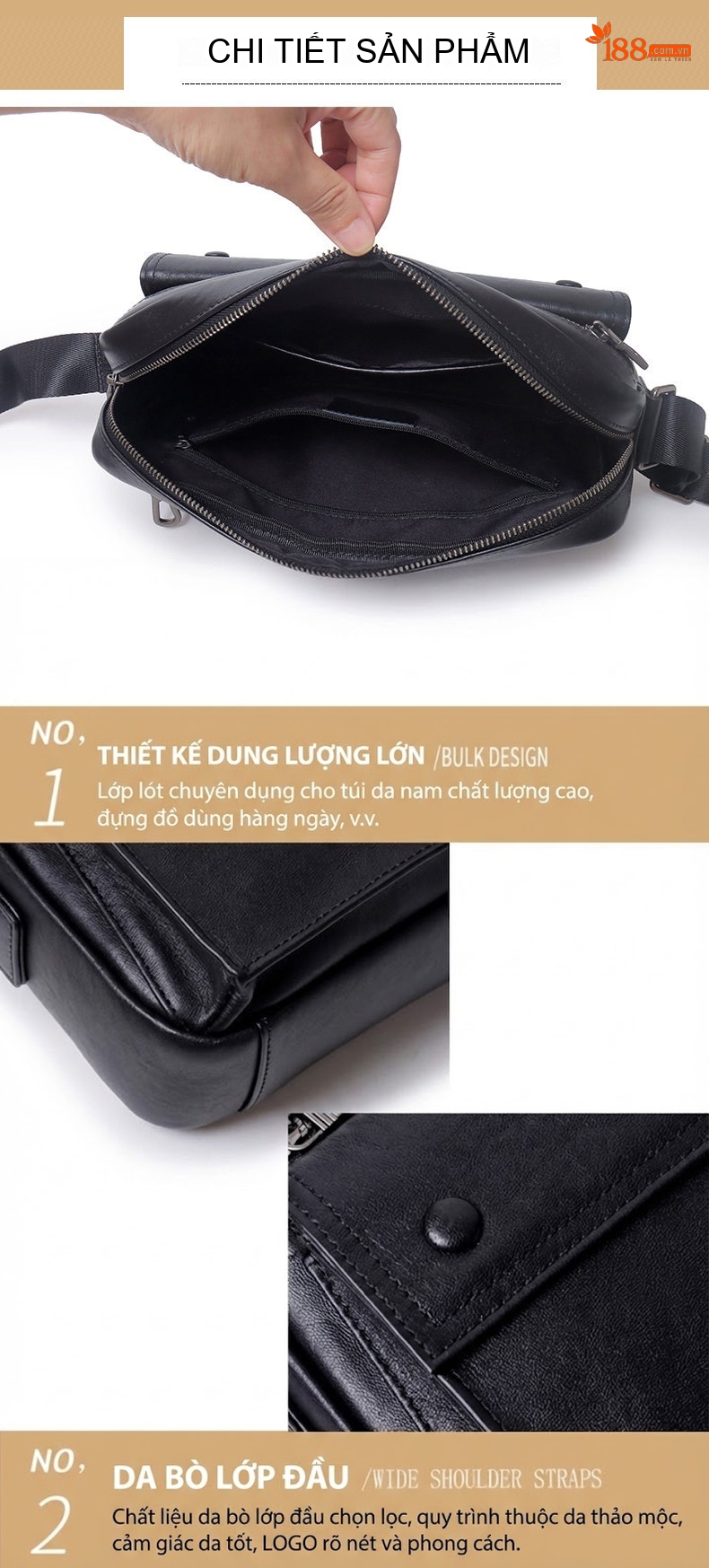 Túi Đeo Chéo Nam Da Bò Kiểu Dáng Messenger Phong Cách Hàn Quốc Màu Đen chi tiết 15
