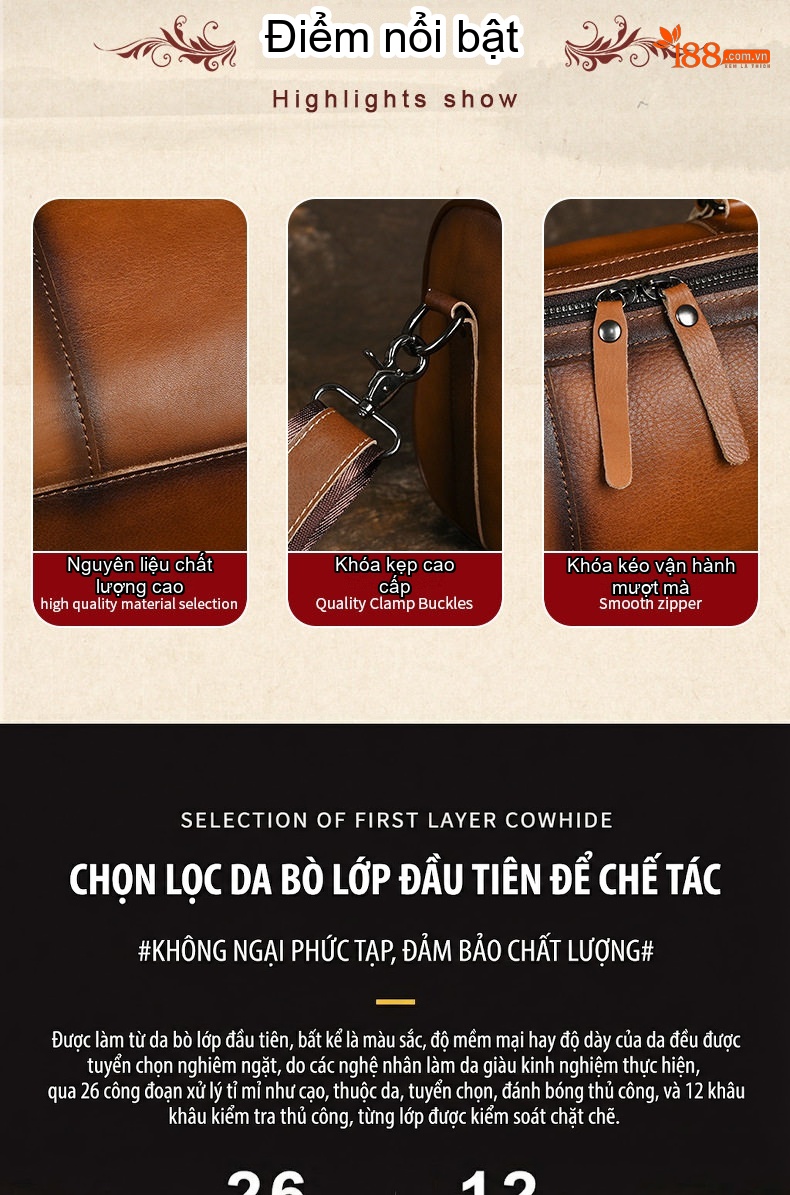 Túi Đeo Chéo Nam Da Bò Kiểu Dáng Trống Cỡ Lớn Màu Nâu chi tiết 3