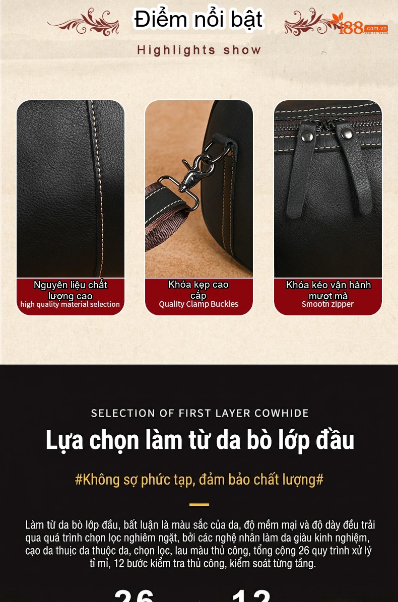 Túi Đeo Chéo Nam Da Bò Kiểu Dáng Trống Cỡ Lớn Màu Nâu chi tiết 19