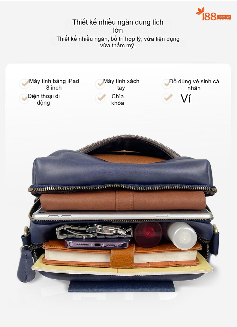 Túi Đeo Chéo Nam Da Bò Kiểu Dáng Vuông Nhỏ Gọn Màu Nâu, Xanh Navy chi tiết 7
