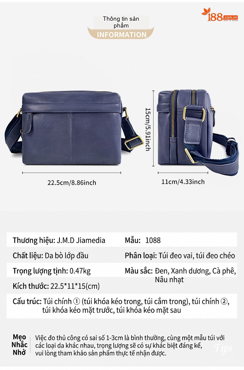 Túi Đeo Chéo Nam Da Bò Kiểu Dáng Vuông Nhỏ Gọn Màu Nâu, Xanh Navy chi tiết 2