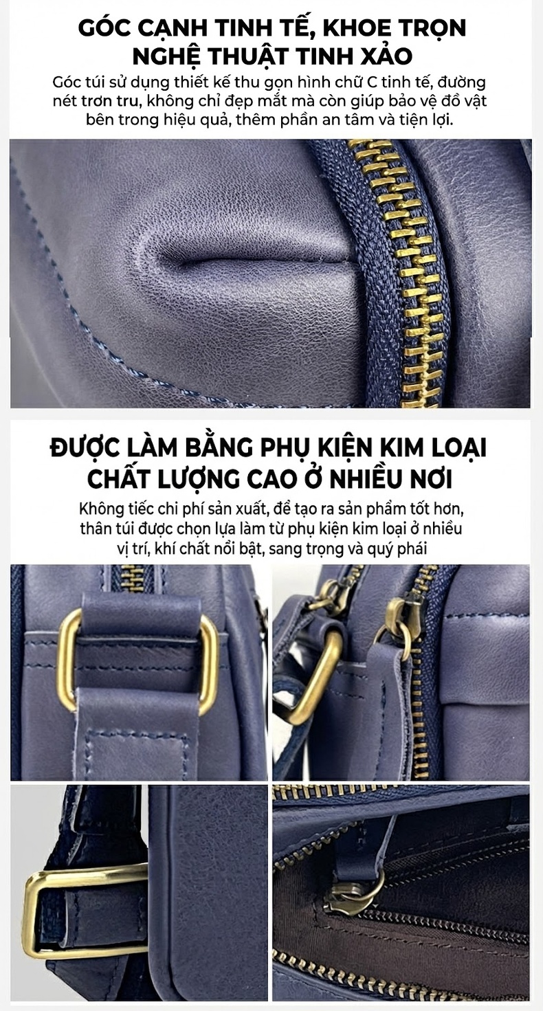 Túi Đeo Chéo Nam Da Bò Kiểu Dáng Vuông Nhỏ Gọn Màu Nâu, Xanh Navy chi tiết 10