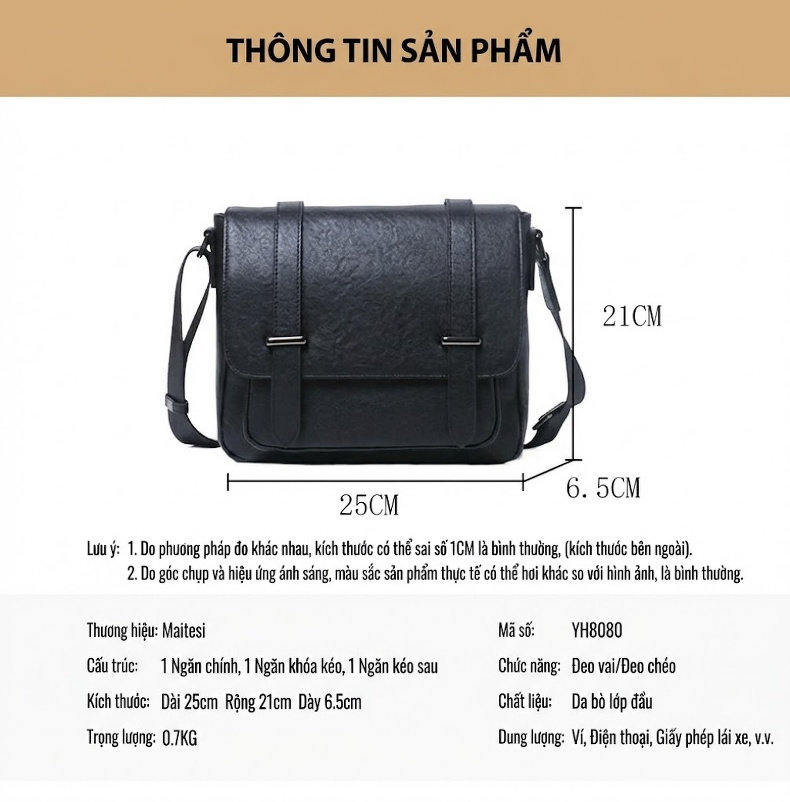 Túi Đeo Chéo Nam Da Bò Kiểu Hàn Quốc Nhỏ Gọn Màu Đen chi tiết 9