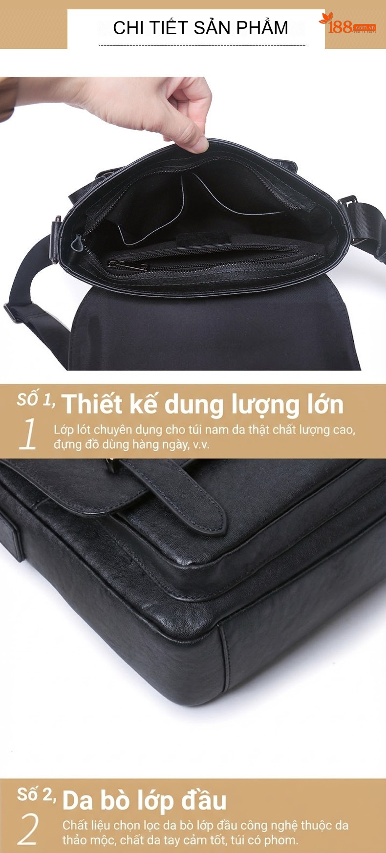 Túi Đeo Chéo Nam Da Bò Kiểu Hàn Quốc Nhỏ Gọn Màu Đen chi tiết 14